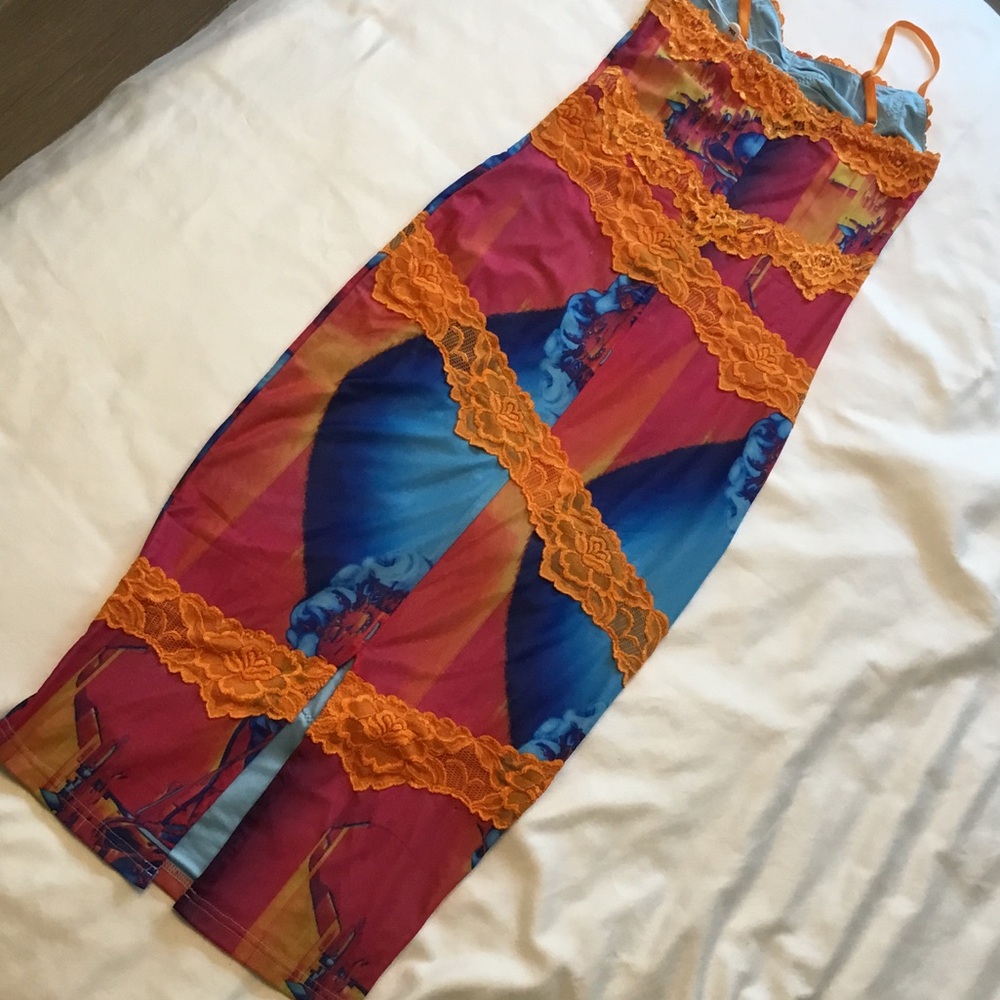 Tiger Mist Vibrant Multicolor Midi Dress with Orange Lace XS - Picture 5 of 6